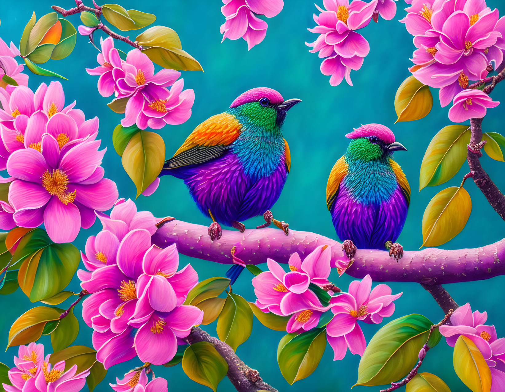 Colorful Birds Perched on Branch with Pink Flowers on Teal Background
