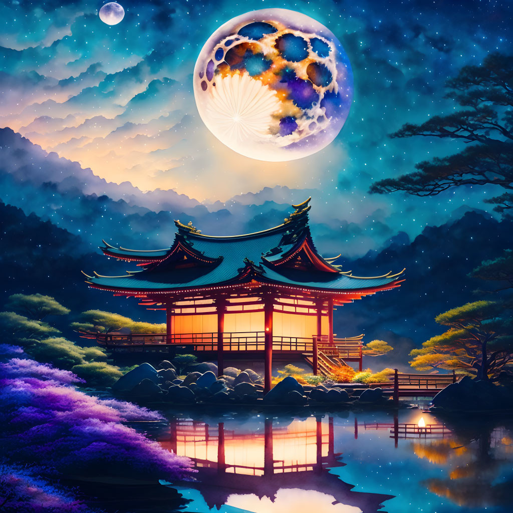 Japanese Temple Illustration with Moon, Mountains, and Water Reflection