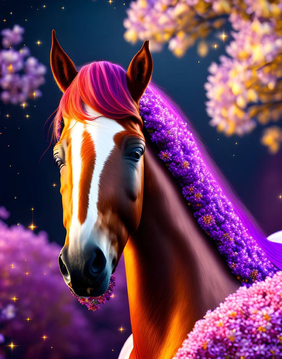 Brown and White Horse with Purple Mane in Twilight Floral Scene