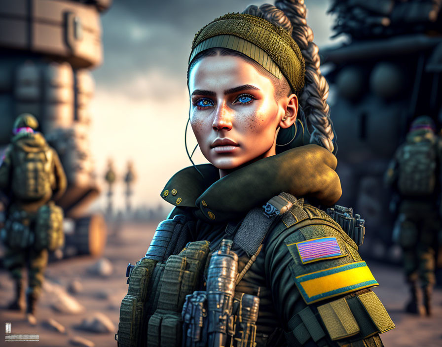 Detailed Female Soldier Digital Artwork with Braided Hair and Intense Blue Eyes