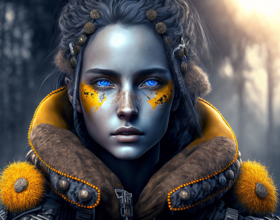 Digital art portrait of woman with blue eyes and yellow face paint in forest setting