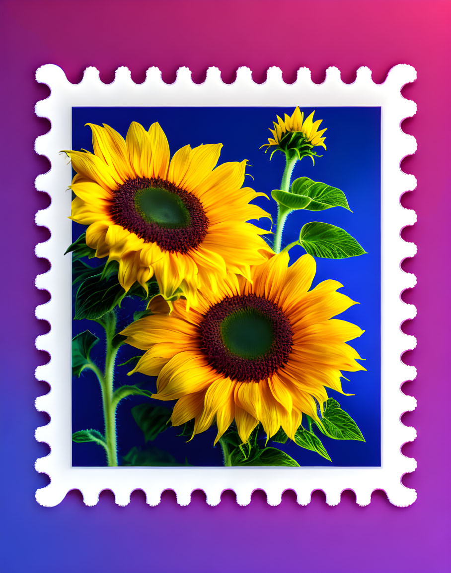 Colorful digital artwork featuring vibrant sunflowers on blue background with white border on purple backdrop