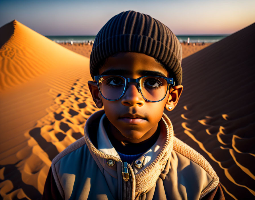 Child with glasses and knit cap in desert dusk with sand dunes and crowd