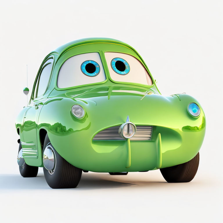 Green Cartoon Car with Large Blue Eyes Smiling on White Background
