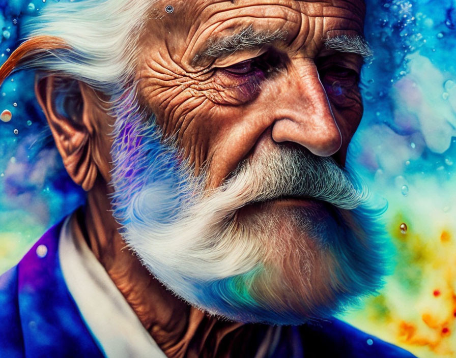 Elderly Man with White Hair and Beard on Colorful Cosmic Background