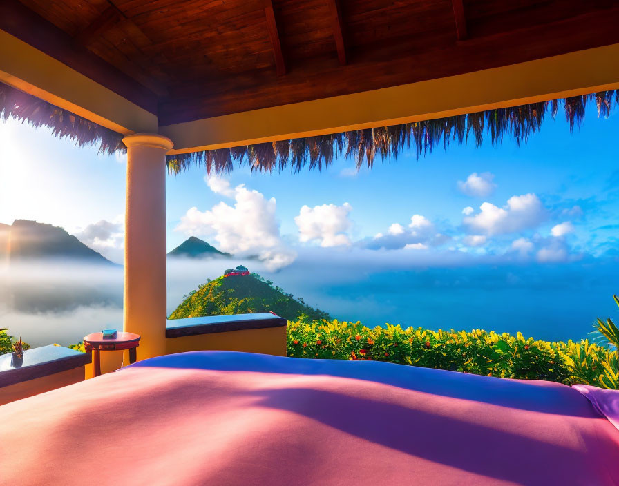 Balcony view of misty mountains at sunrise with vibrant flowers and thatched roof