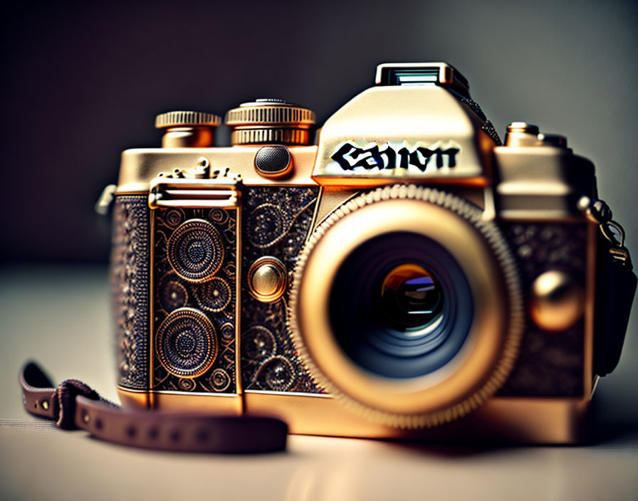 Vintage-Style Camera with Intricate Patterns and Prominent Lens on Blurred Background