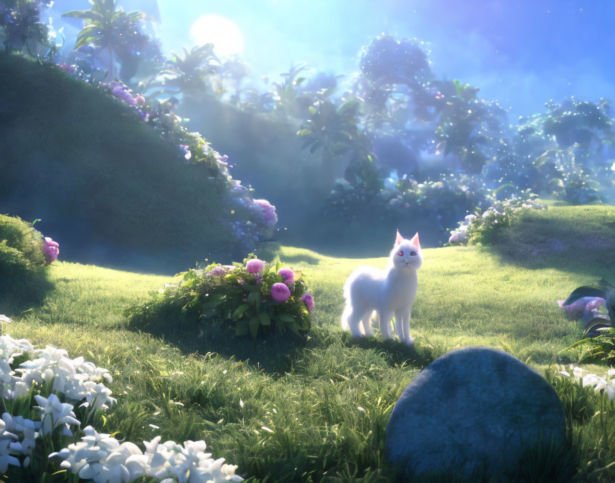 White Cat in Vibrant Flower Garden with Mystical Ambiance