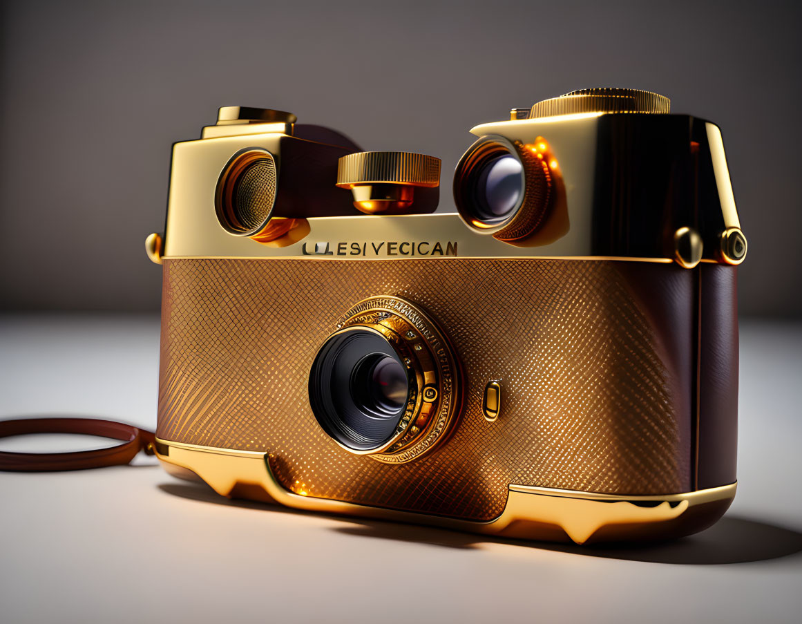 Vintage Gold Camera with Leather Strap on Reflective Surface