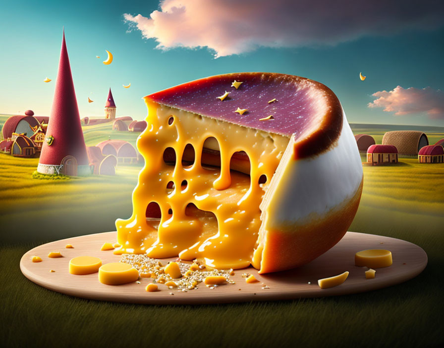 Whimsical landscape with melting cheese and fairytale buildings