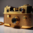 Vintage Gold Camera with Leather Strap on Reflective Surface