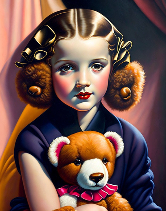 Portrait of young girl with melancholic eyes holding teddy bear on blue backdrop