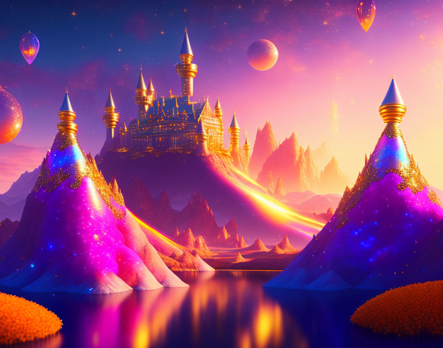 Fantasy landscape with glowing castle, vibrant hills, floating crystals & twilight sky.
