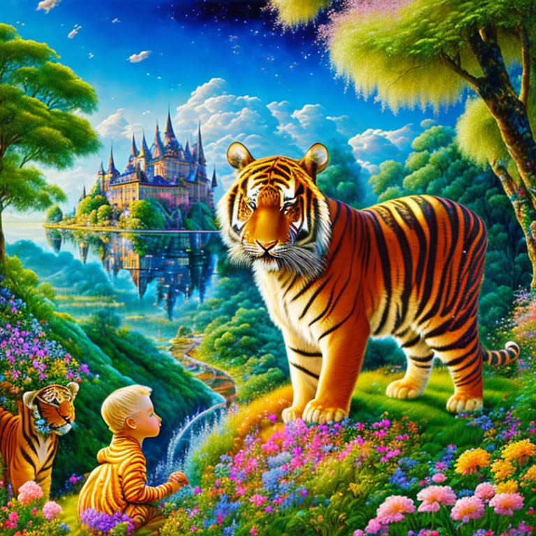 Colorful fantasy landscape with tiger, child, and castle in lush setting