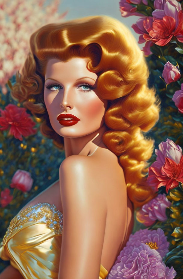 Blonde Woman Portrait with Blue Eyes and Red Lipstick Among Colorful Flowers