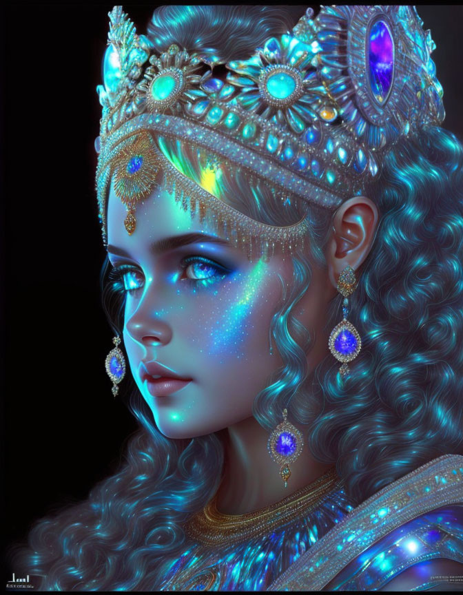 Curly-Haired Woman in Bejeweled Crown and Jewelry