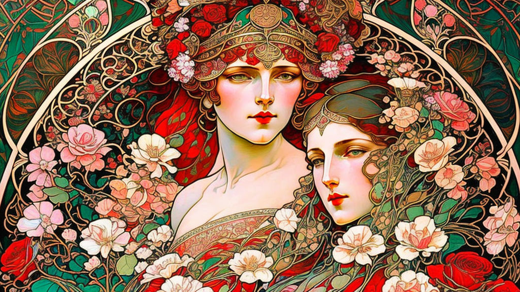 Art Nouveau Style Illustration: Two Women with Floral Designs