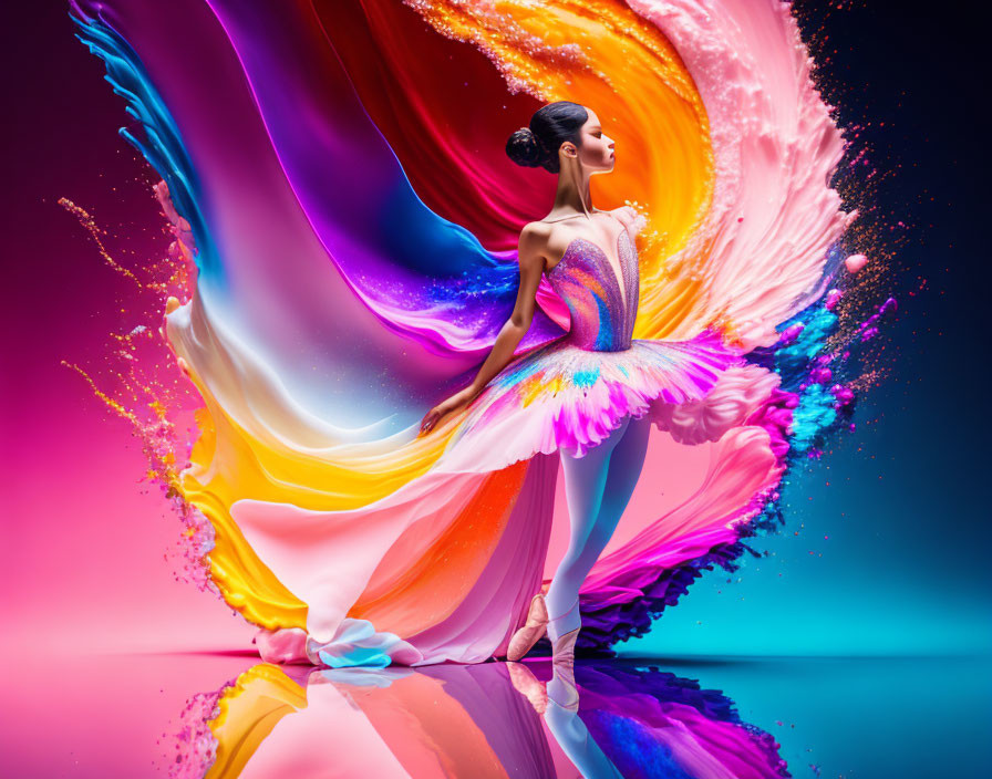 Vibrant costume dancer against colorful paint swirls
