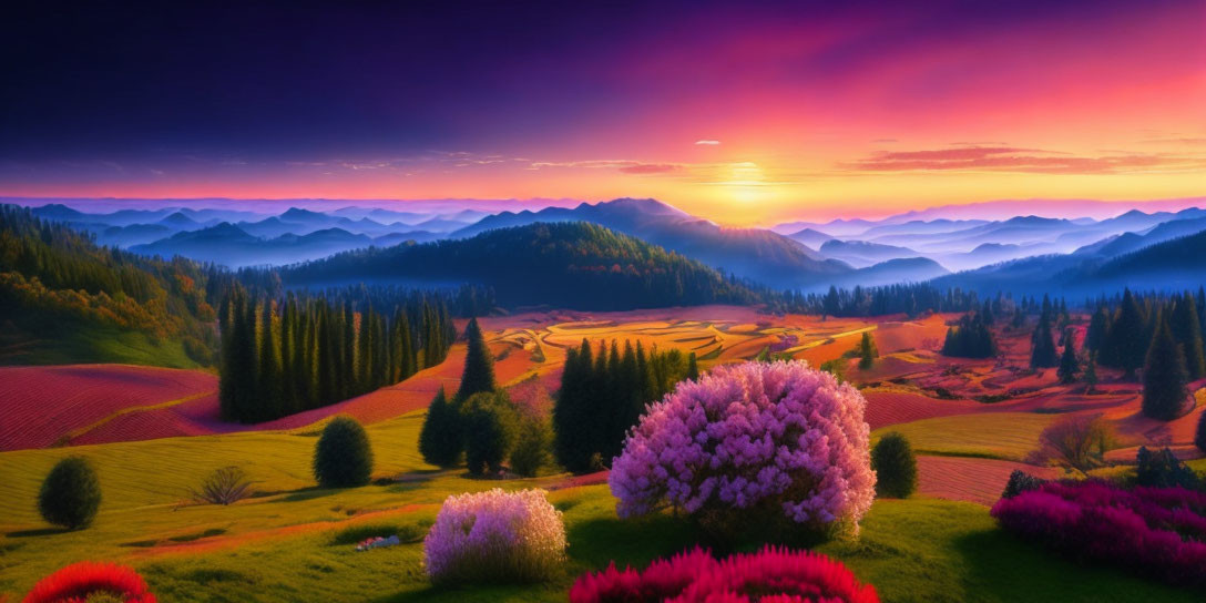 Colorful sunset over rolling hills and mountains with vibrant sky.