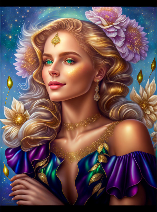 Fantastical portrait of woman with golden accents, flowers, and stars
