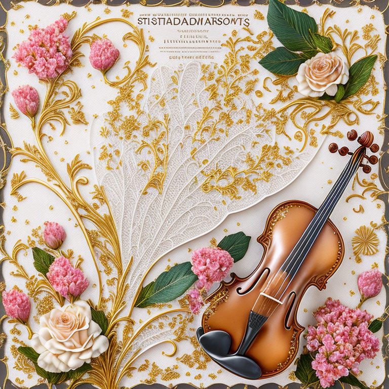 Violin-themed artwork with golden patterns, lace, and pink flowers