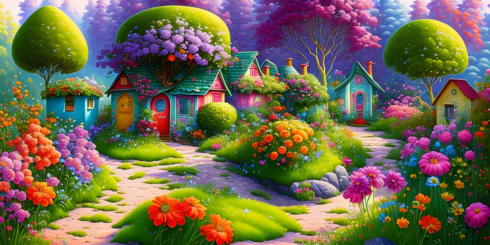 Fantasy landscape with whimsical houses, colorful flora, and dreamlike trees