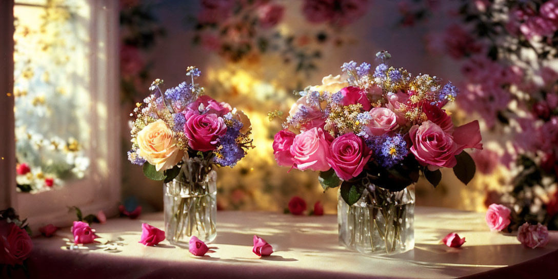 Colorful bouquets of roses and wildflowers in glass vases on sunlit table.