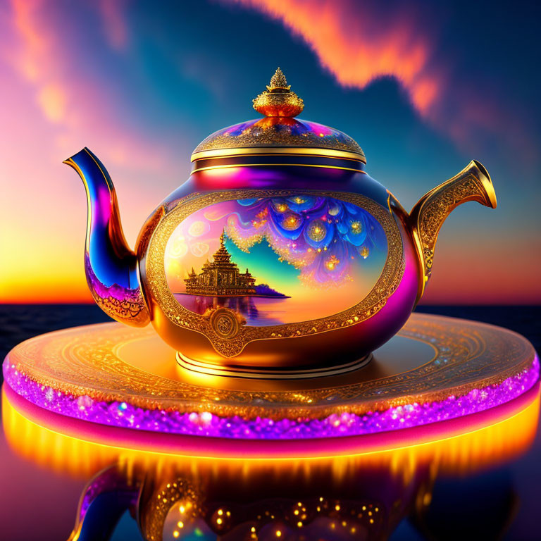 Intricate Magical Teapot Glowing in Cosmic Sunset