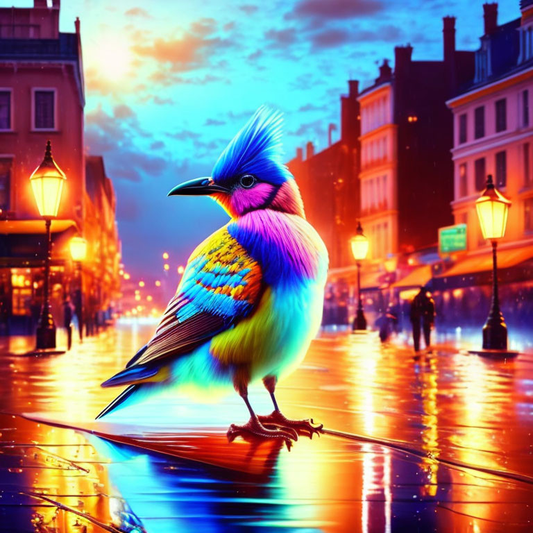 Colorful Crested Bird Perched on Wet Urban Street at Twilight