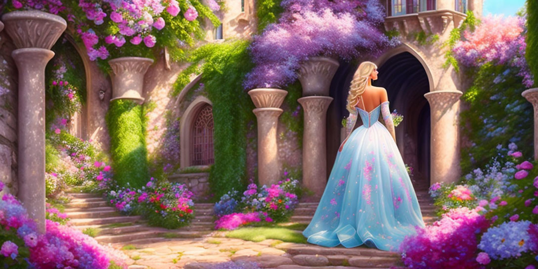 Woman in Blue Gown at Fairytale Castle with Blooming Flowers