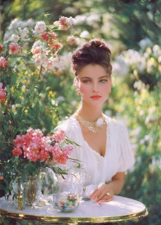 Elegant woman with updo and pearl necklace among blooming roses