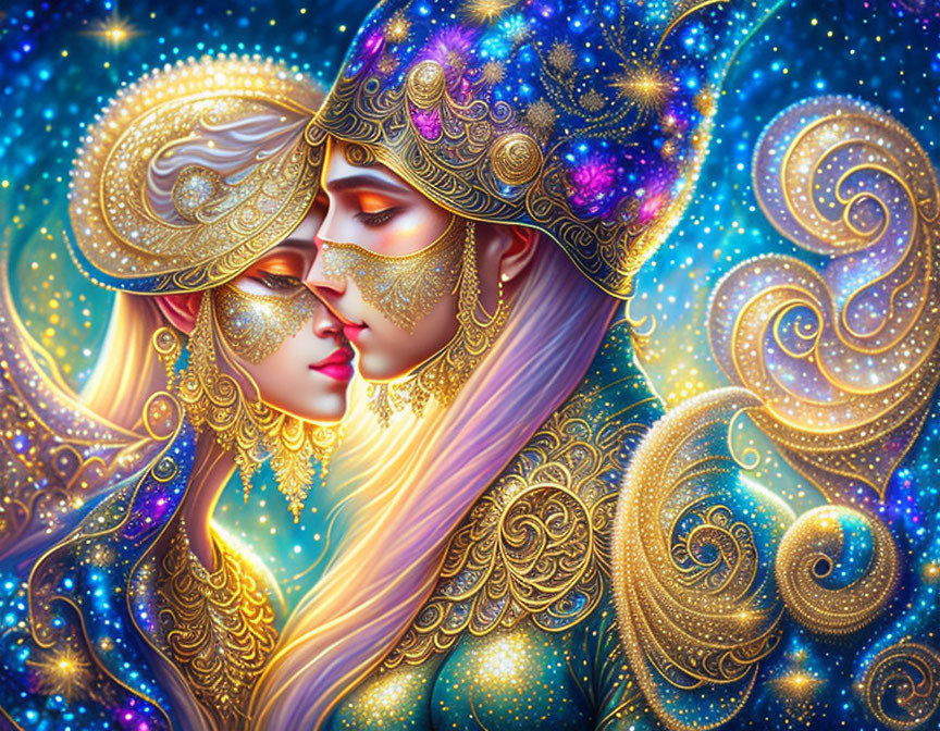 Ethereal beings with golden headpieces in close embrace against starry blue backdrop