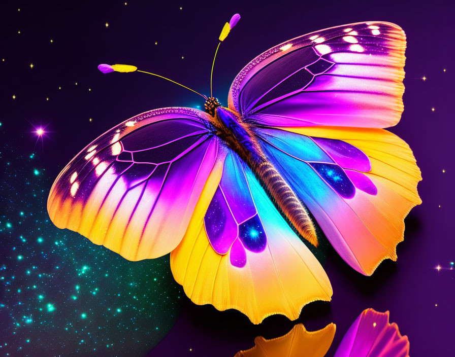 Colorful Rainbow Butterfly on Starry Purple Background