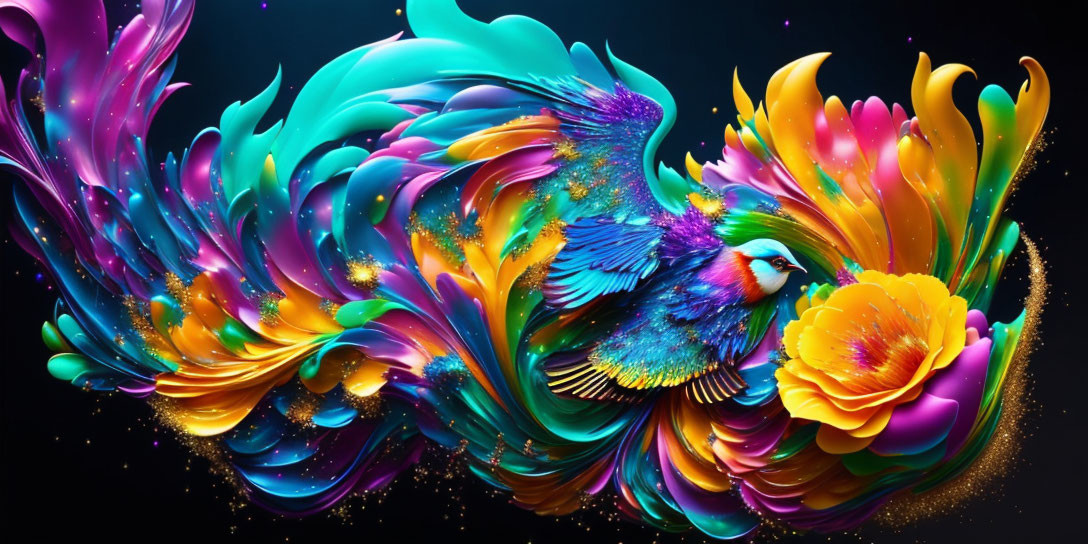 Colorful Abstract Bird in Flight Among Swirling Flower Patterns