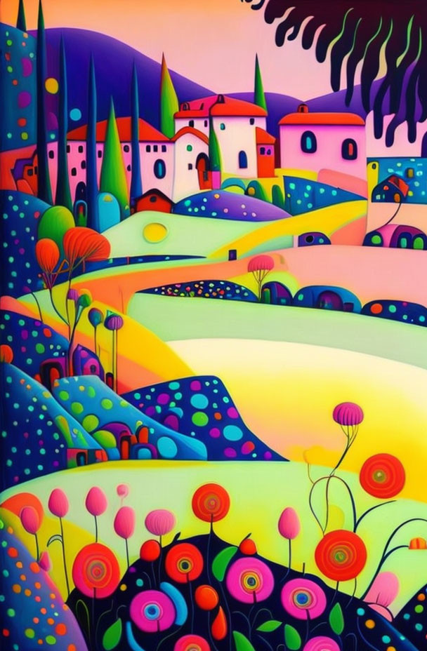 Colorful Abstract Painting: Whimsical Landscape with Stylized Houses and Trees