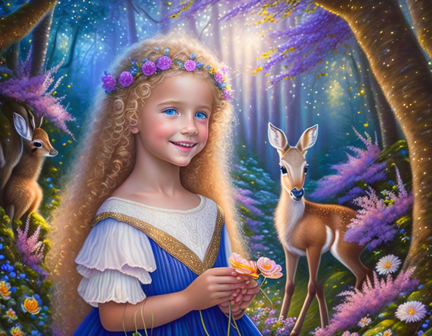 Young girl in blue dress with flower, fawn, and squirrels in enchanted forest.
