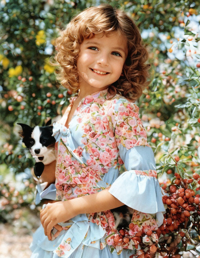 Young girl with curly hair holding small black and white dog by tree with red berries