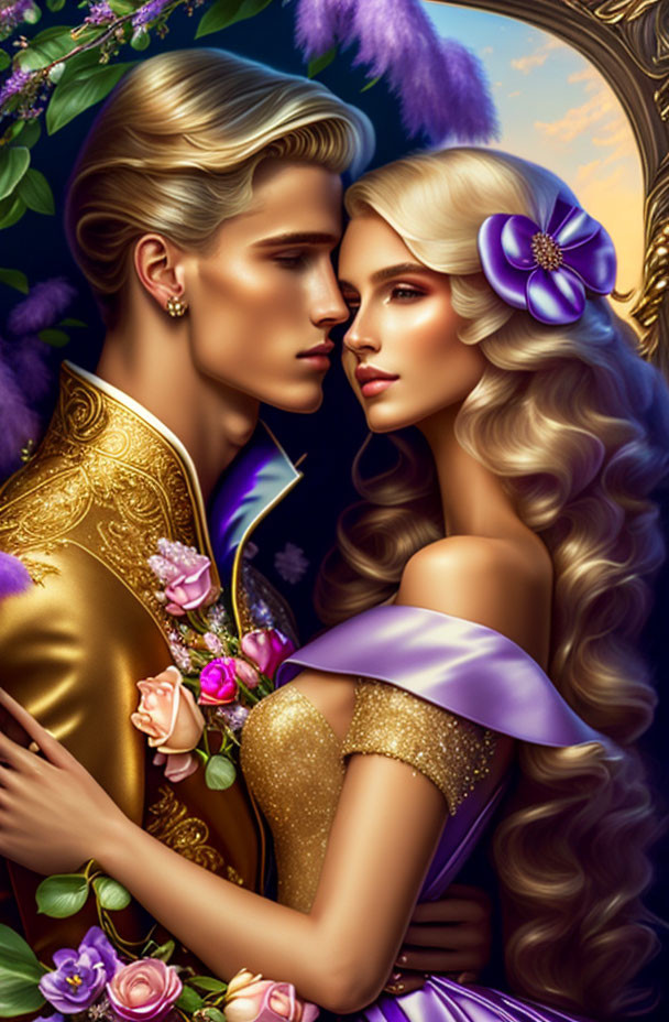 Illustration of romantic couple in golden jacket and purple dress embracing among floral patterns
