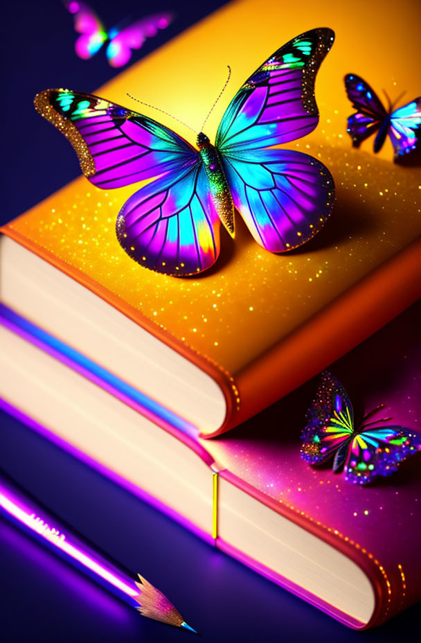 Colorful butterflies on closed book with pencil on dark background