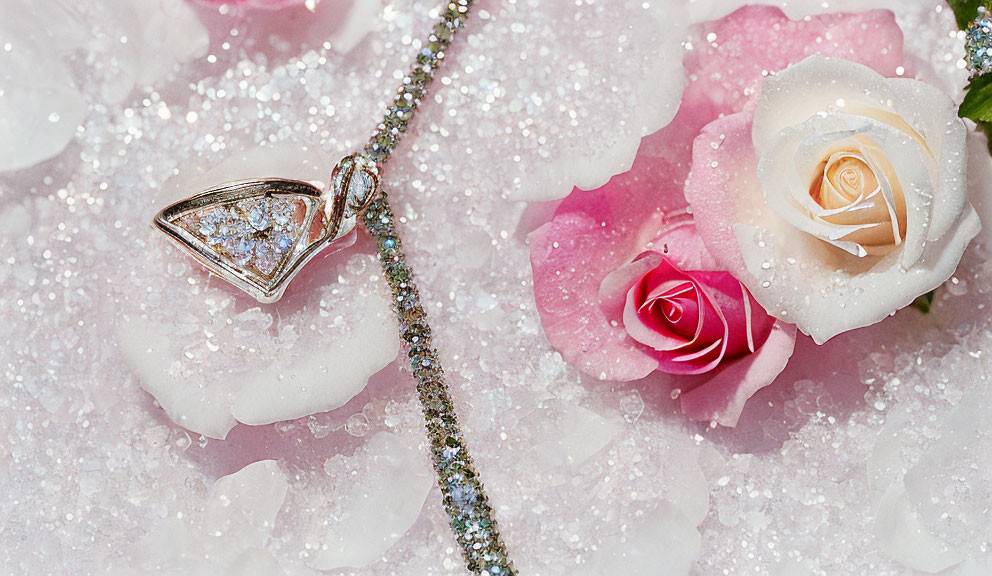 Diamond pendant necklace on sparkling crystals with rose blossoms and dewdrops