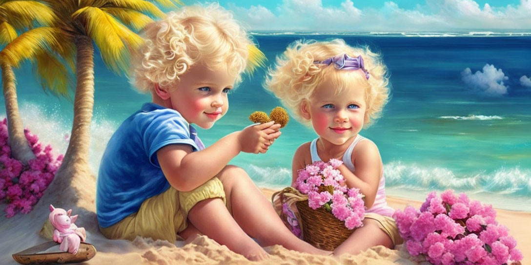 Animated toddlers playing on tropical beach with flowers and toy pig