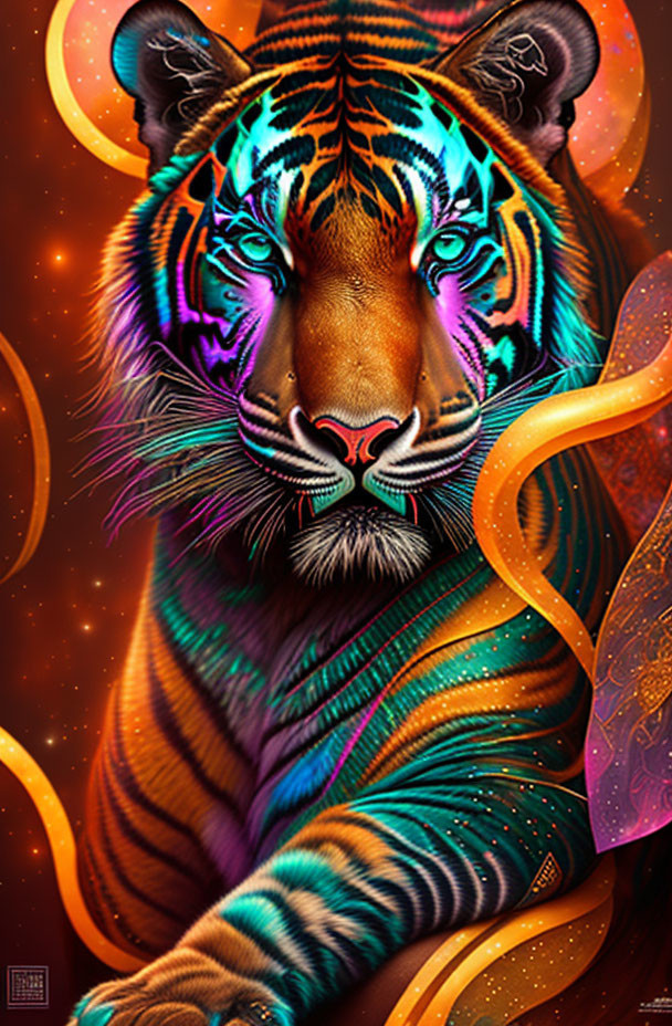 Colorful Tiger Artwork with Neon Highlights on Cosmic Background