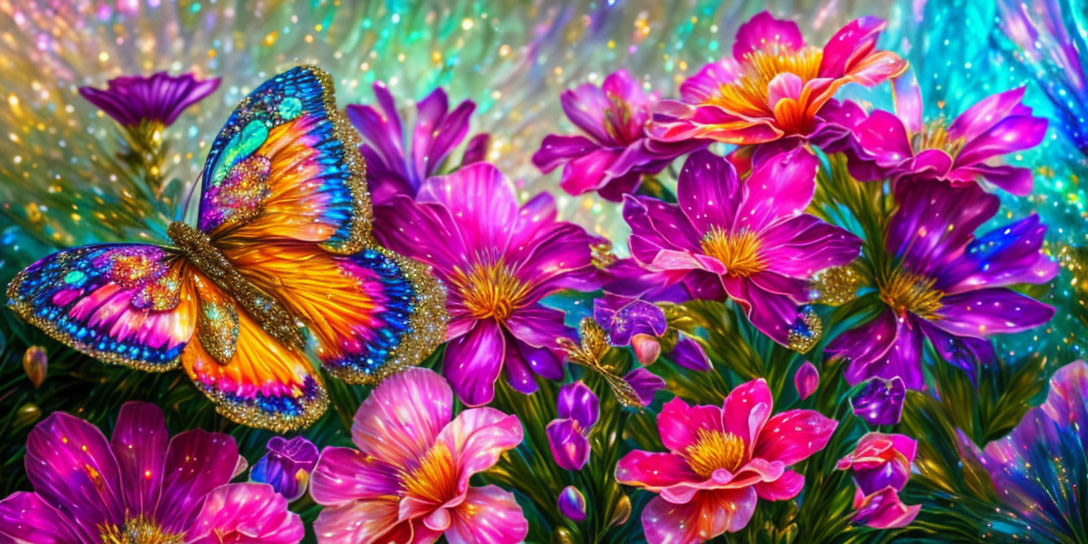 Colorful Butterfly Resting on Flowers with Teal Background