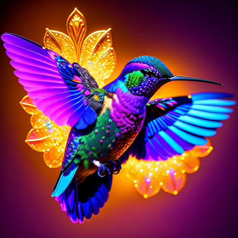 Colorful hummingbird with iridescent feathers against warm gradient background.