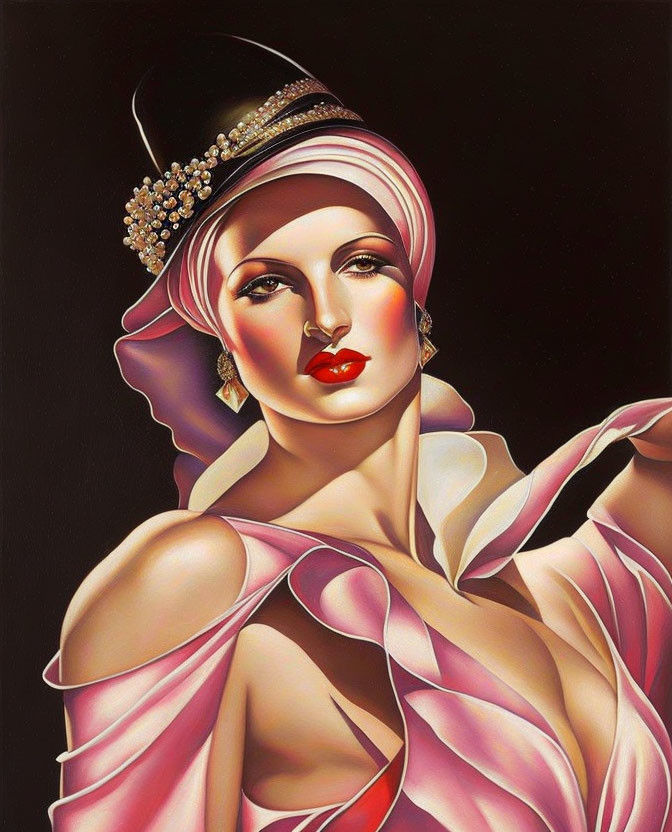 Stylized portrait of woman with hat, red lipstick, and pink scarf