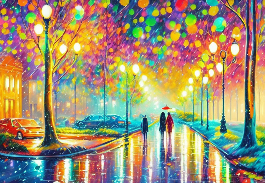 Vibrant impressionistic painting of a rainy night street