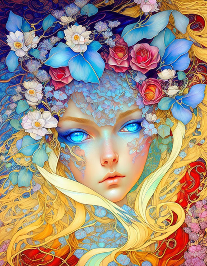 Colorful Illustration of Woman with Blue Skin and Golden Hair