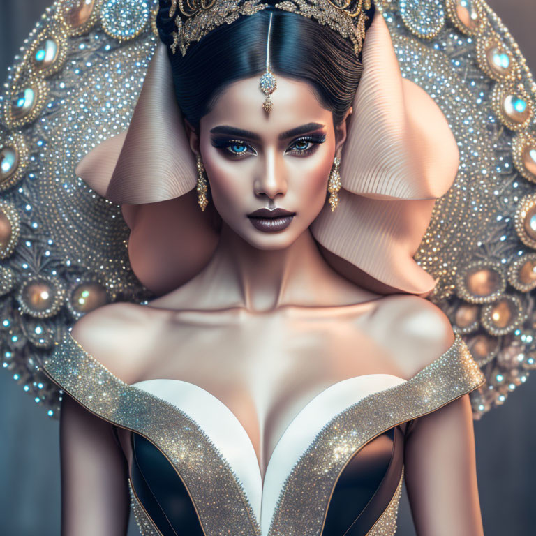 Woman with dramatic makeup and ornate gold-accented headdress and geometric patterns.