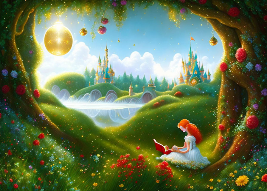 Girl reading book in whimsical landscape with floating orbs, flowers, and distant castle
