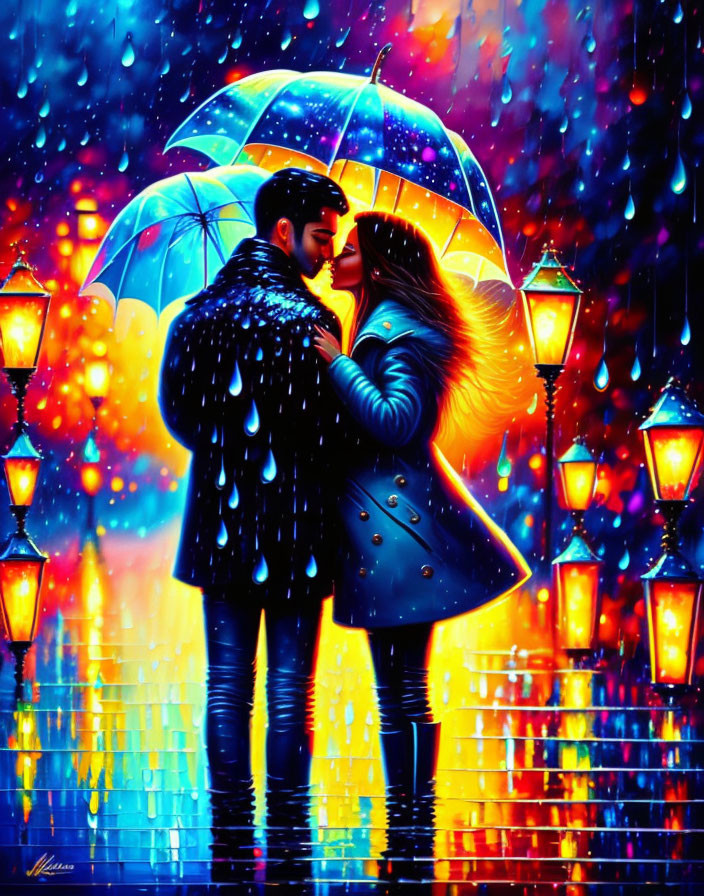 Couple under colorful umbrella on rain-soaked street with glowing lanterns